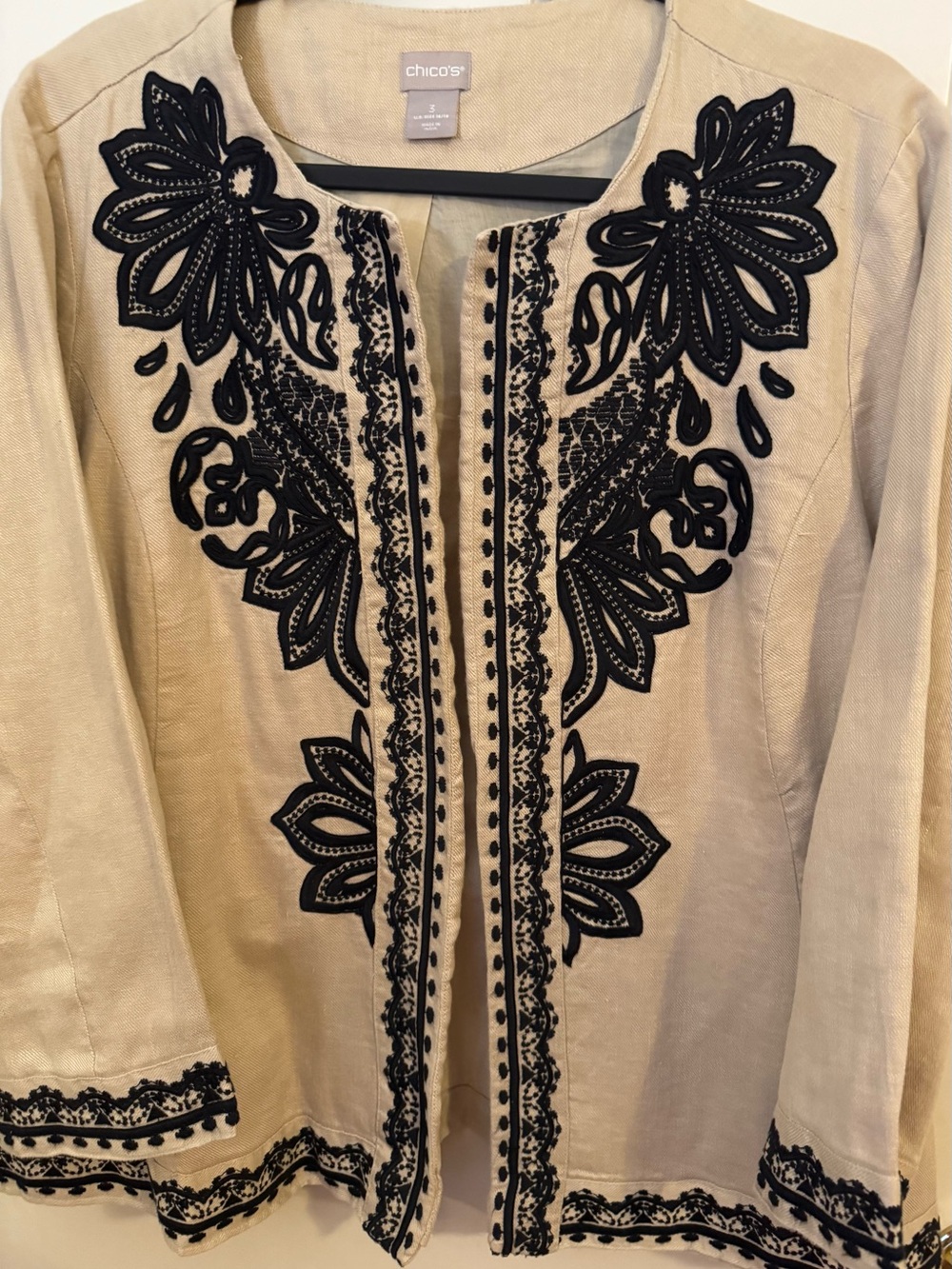 Chico's Jacket 100% Linen Tan Open Jacket with Black Embroidery Chicos Size 3 - Picture 4 of 15